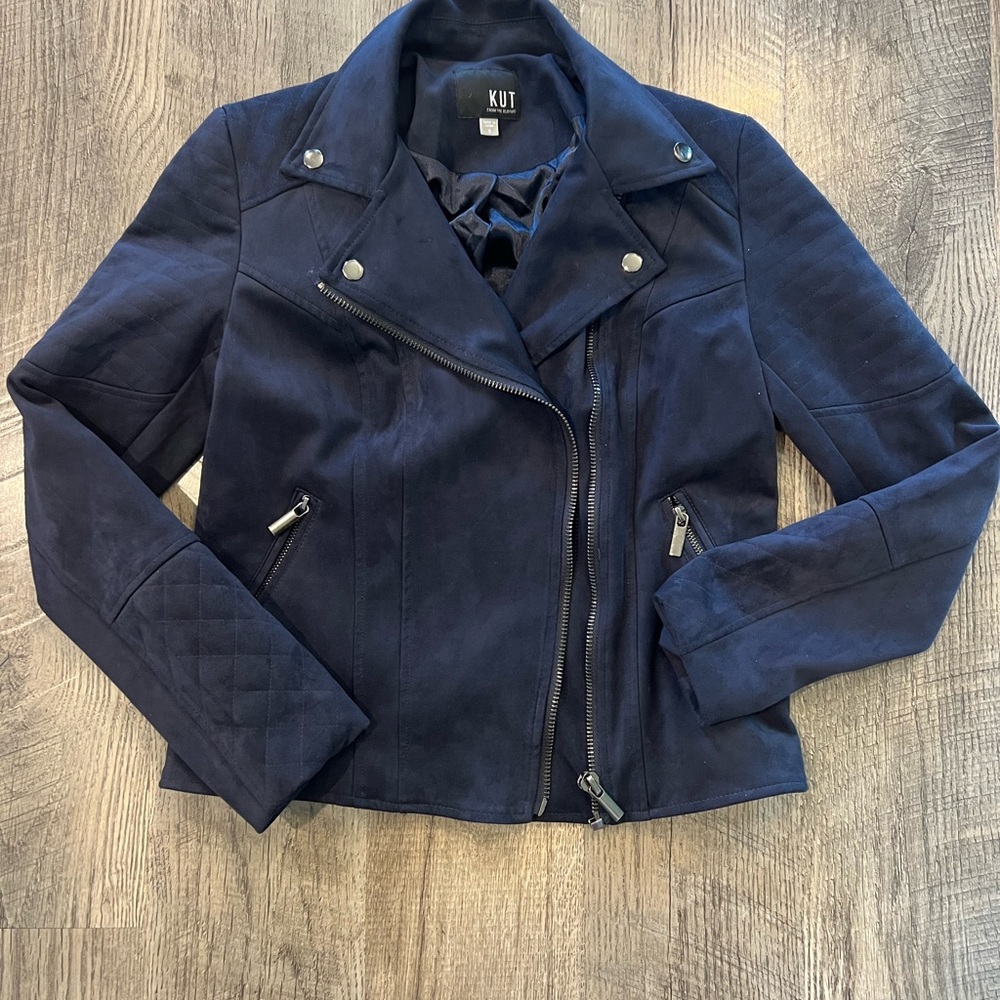 Kut from the Kloth Navy Suede Moto Jacket with Quilted Sleeves